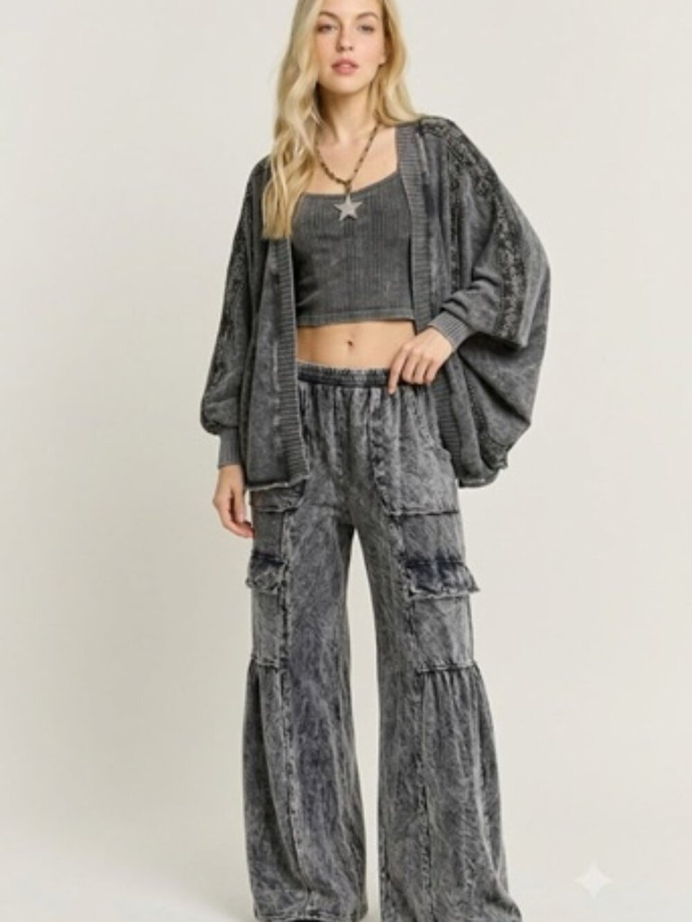 JHER ACID WASH CHARCOAL GREY WIDE LEG PANTS